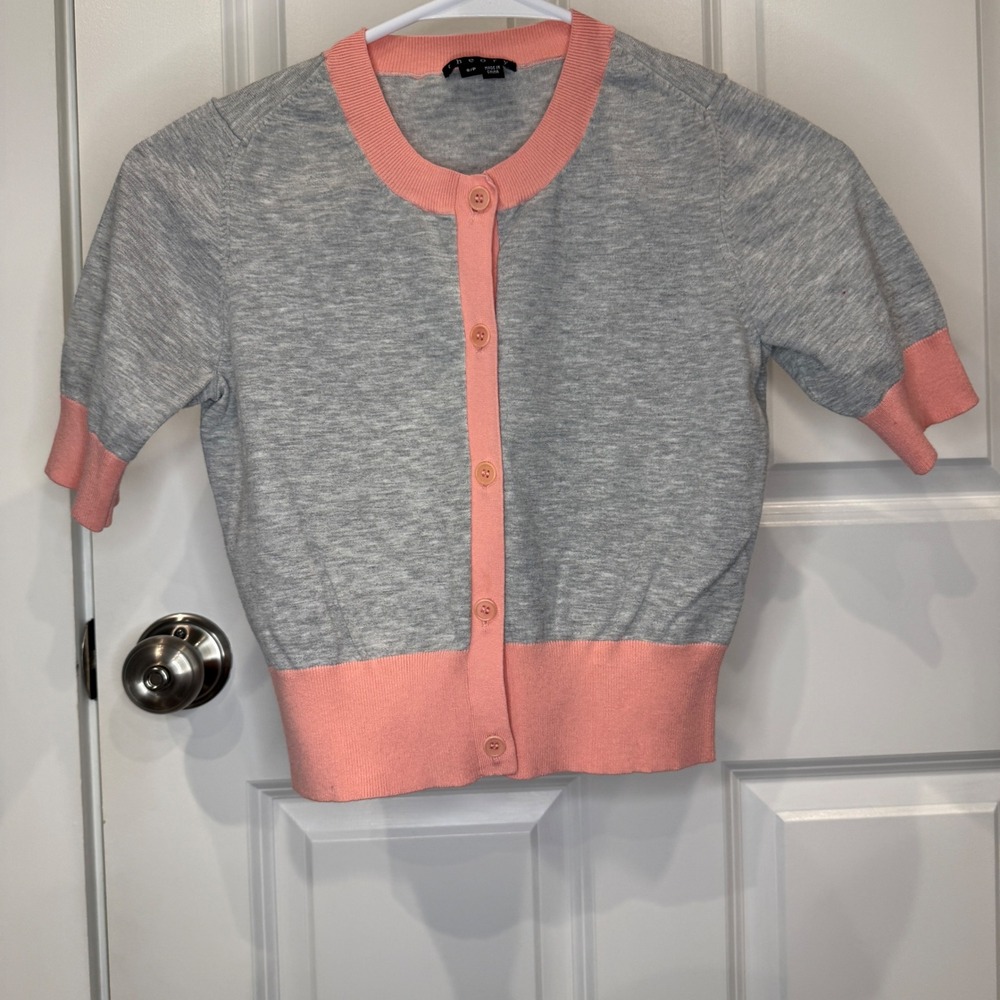 Theory Girls‎ Gray Peach Pink Short Sleeve Cropped Cardigan Sweater Size S/P